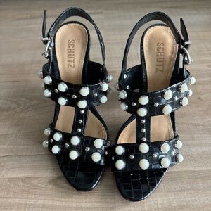 SCHUTZ Black Sandals with Pearl Accents